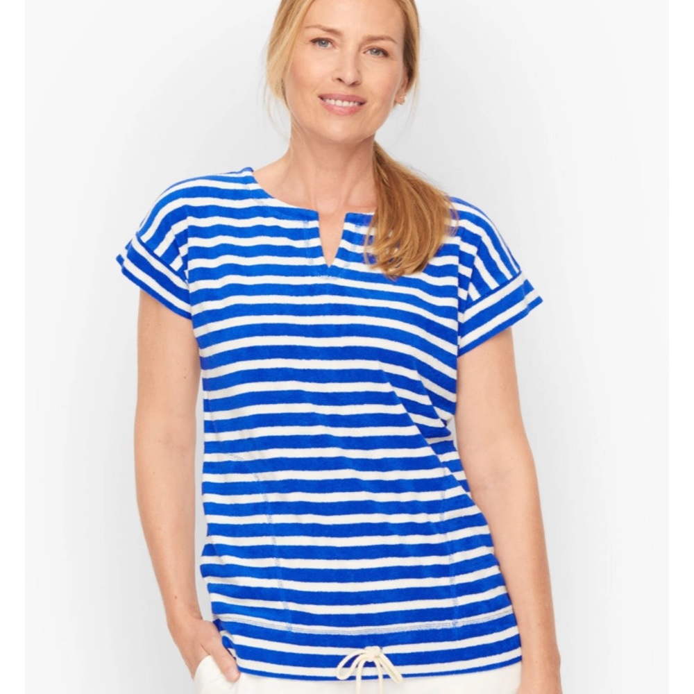 NWT Talbots Split Neck Drawstring Waist Top - Valley Stripe Women’s XL (344)